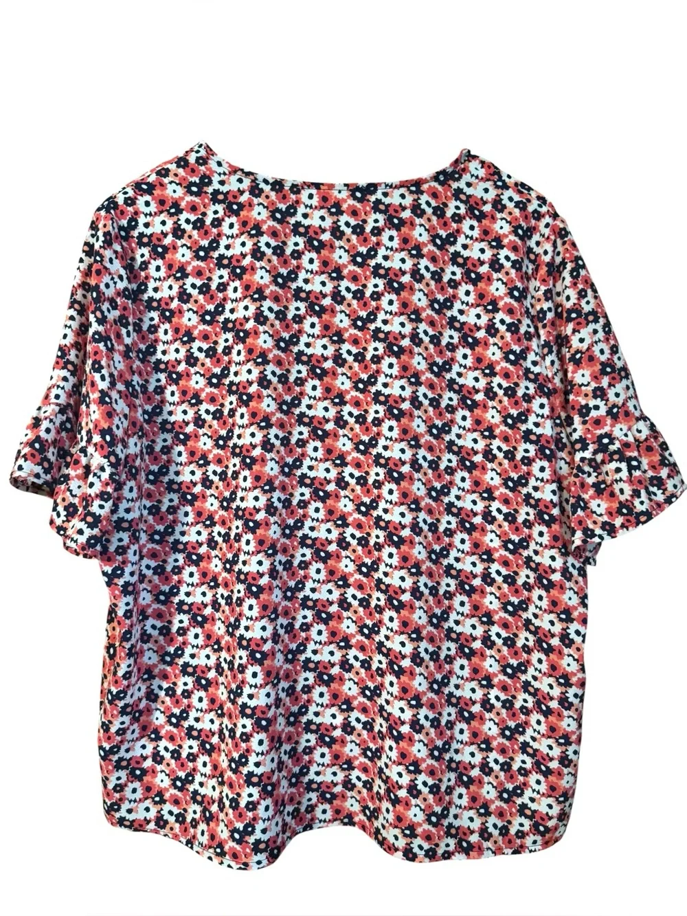 Michael Kors Floral Tie-Front V-Neck Ruffle SS Pink & Blue Blouse Top
